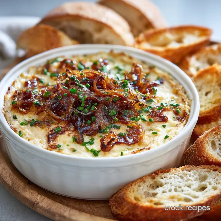 Creamy caramelized onion dip with Gruyere, garnished with thyme sprigs on a rustic wooden board.