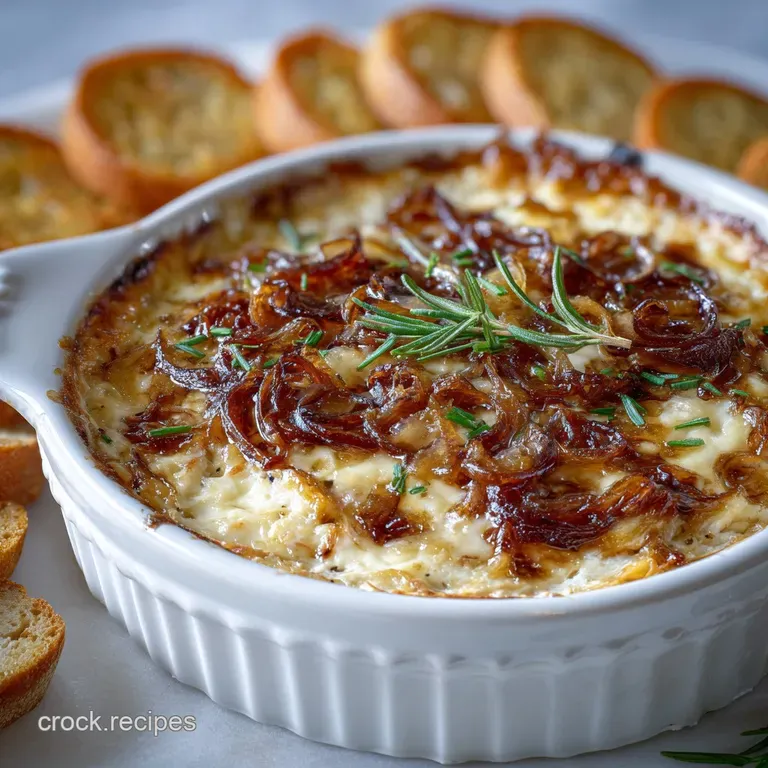 Elegant ramekin of Gruyere & onion dip, garnished with thyme sprig. Crusty baguette slices displayed artfully on a wooden ...