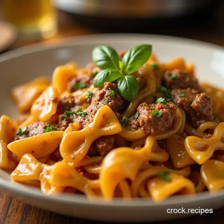 The Ultimate Comfort Rich Cheesy Beef Garlic Butter Bowtie Pasta presentation