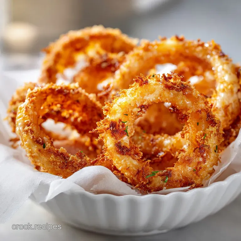 Tower of golden onion rings with stringy melted cheese, parsley garnish, & dipping sauce. Simple food, elegantly presented.