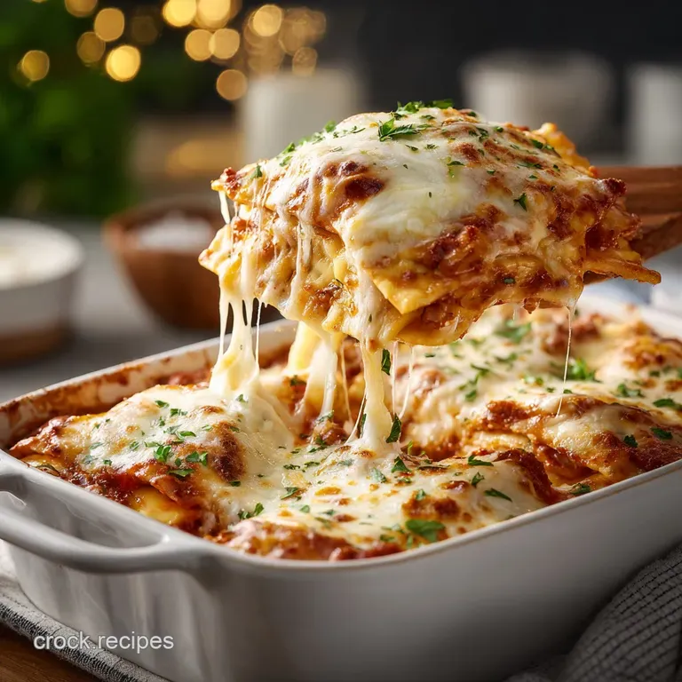 A single serving of cheesy ravioli lasagna bake. Marinara glistens atop a bed of herbs, framed by a white plate. Comfort f...