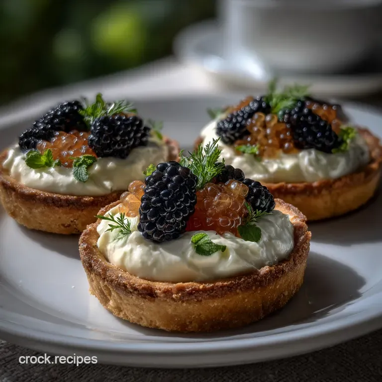 Crisp, buttery tart shells arranged on a dark plate, each holding a spoonful of luxurious caviar and a delicate herb sprig.