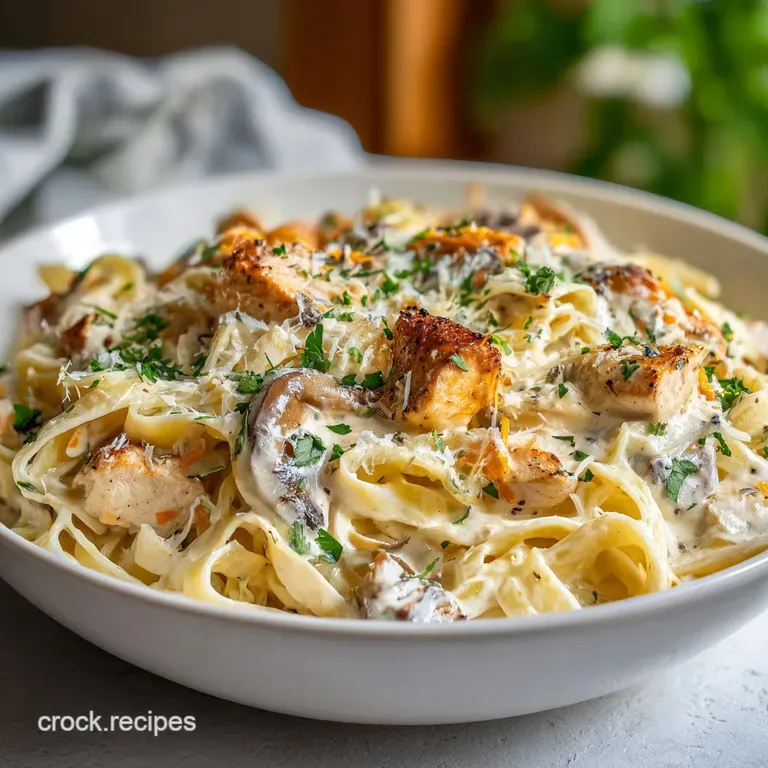 Elegant plate of fettuccine Alfredo; glistening, creamy sauce coats the pasta and grilled chicken. Fresh parsley sprig gar...