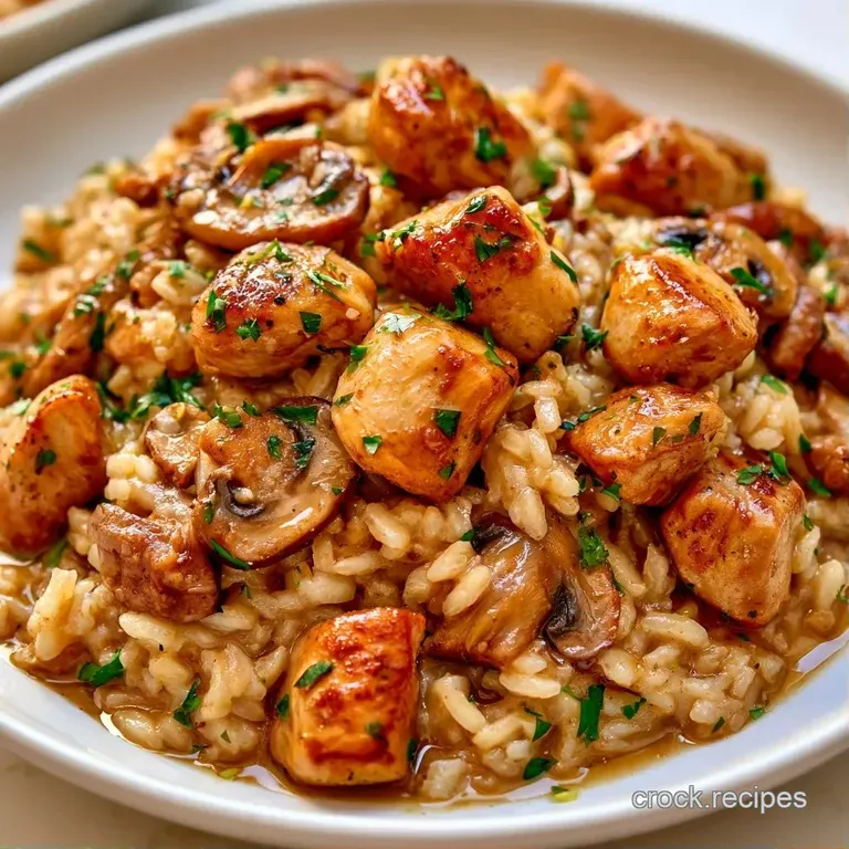 A shallow white bowl of creamy rice topped with sautéed wild mushrooms and tender golden-brown chicken cubes.