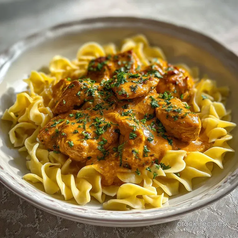 Golden-brown, slow-cooked chicken in a paprika-infused sauce, artfully plated over a bed of tender egg noodles.