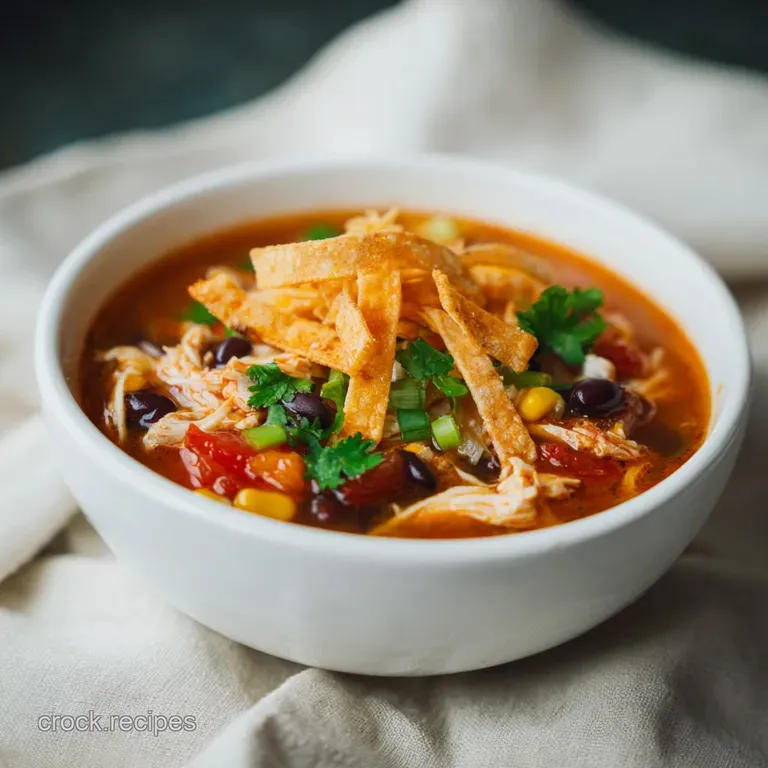 Elegantly plated chicken taco soup: colorful toppings layered on a bed of flavorful broth, creating a warm, inviting meal.