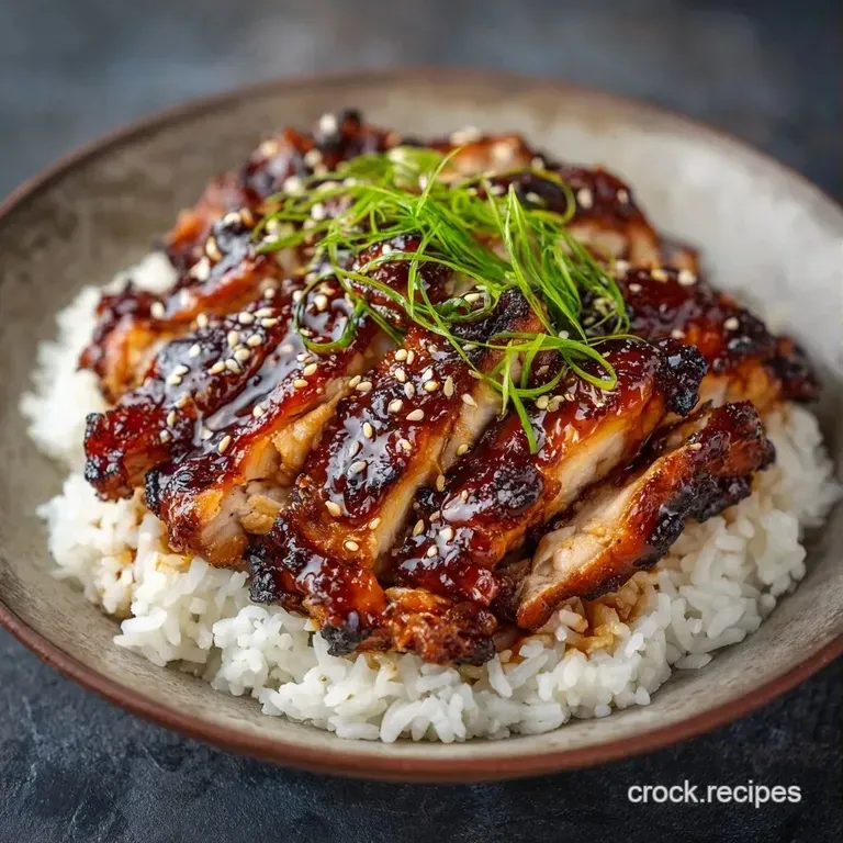 A vibrant bowl of glossy brown chicken pieces and bright green broccoli served over steaming fluffy white rice.