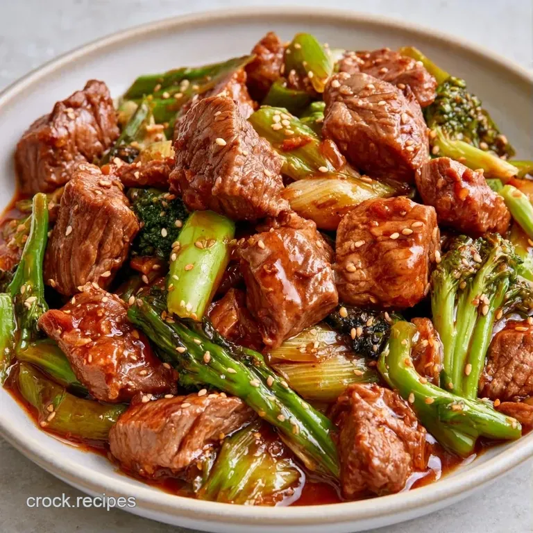 Glossy braised beef chunks and bright green broccoli florets arranged neatly in a shallow white ceramic bowl.