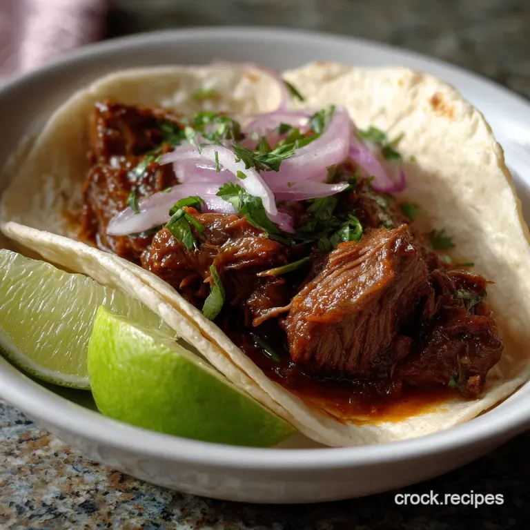 Juicy, slow-cooked pot roast shreds nestled in warm tortillas, topped with fresh cilantro and a vibrant squeeze of lime.