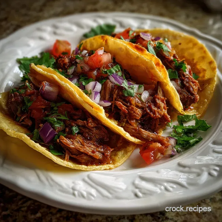 Tender, shredded beef with a smoky char, nestled in warm tortillas, garnished with cilantro and a lime wedge.
