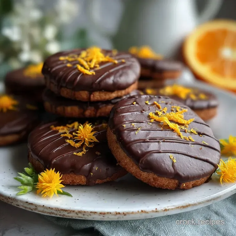 Elegant plate featuring a stack of chocolate orange shortbread. The cookies have a dark, chocolatey color and a scattering...