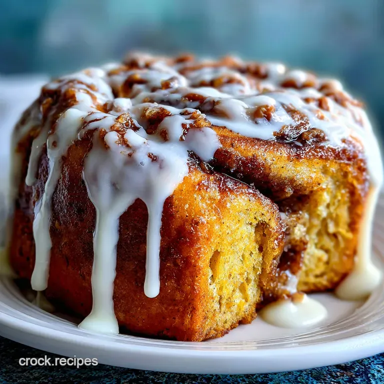 Slice of moist pumpkin bread with cinnamon swirls, topped with a generous dollop of cream cheese frosting on a white plate.