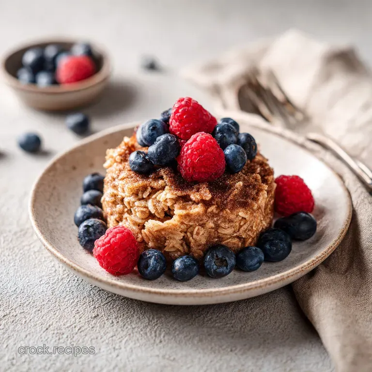A rustic ceramic bowl overflowing with fluffy, baked oatmeal, topped with fresh raspberries and a drizzle.
