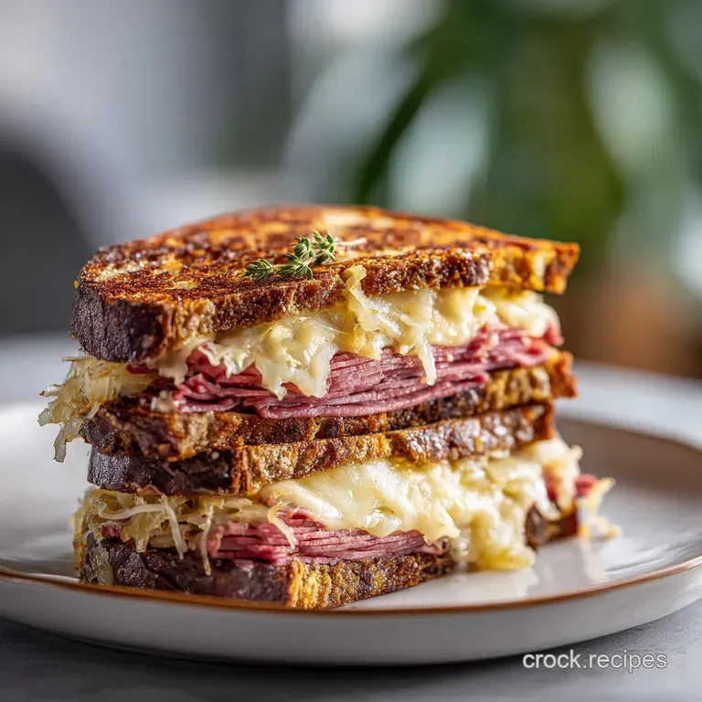 A Reuben sandwich half, oozing melted cheese and savory fillings, sits beside crisp chips, ready to eat on a white plate.