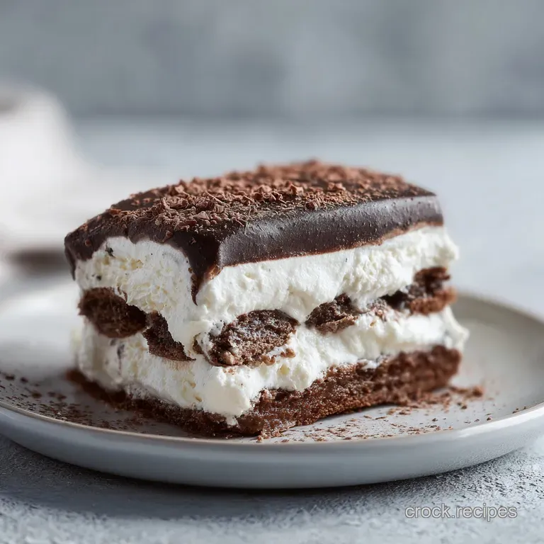 A single slice of eclair cake on a white plate, showcasing delicate layers and glossy chocolate drizzle.