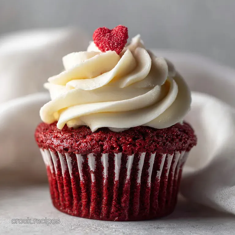 A single red velvet cupcake sits elegantly on a white plate. Creamy frosting contrasts with the cake's rich, deep red hue.