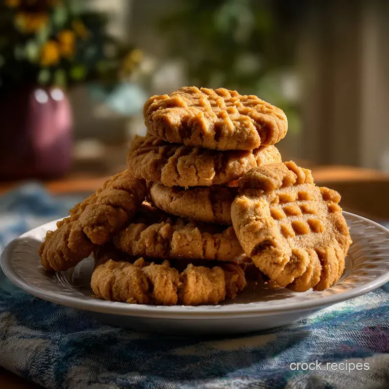 Perfectly formed peanut butter cookies artfully placed on a white porcelain plate, dusted with a fine sugar. Warm, invitin...