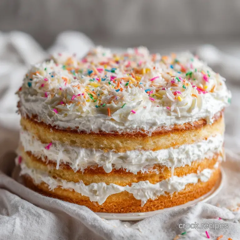 A slice of airy white cake with thick cream layers on a gold-rimmed plate, garnished with a bright red raspberry.