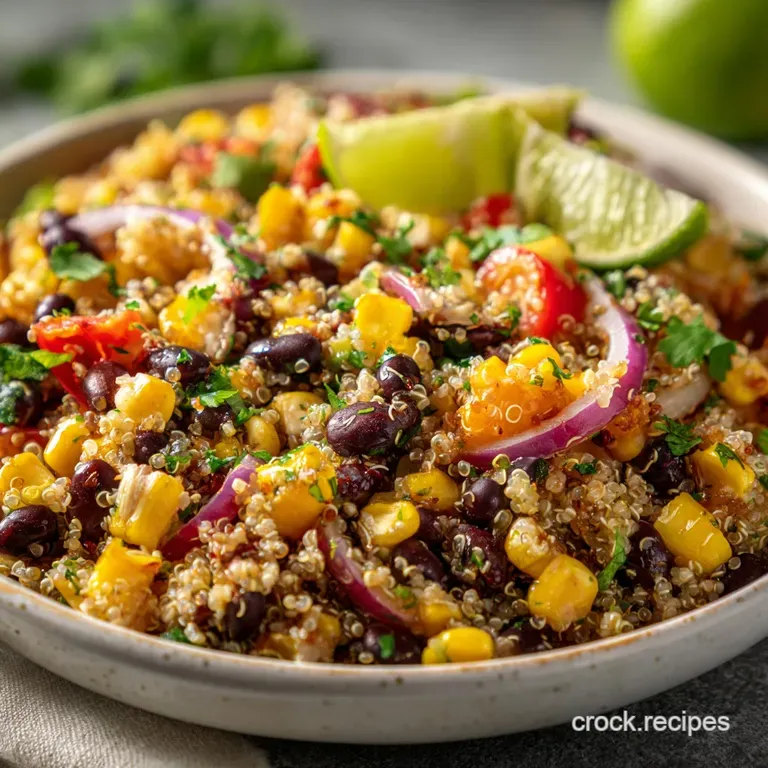 Quinoa salad artfully arranged on a plate. Glistening kernels of corn and plump black beans contrast with the greens.
