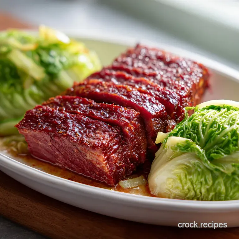 Elegant plate featuring rosy corned beef slices atop soft cabbage, served with a side of vibrant green parsley and baby ca...