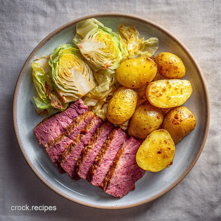 Plated corned beef and cabbage with parsley garnish; the meat is tender and pink next to bright green cabbage and rustic b...