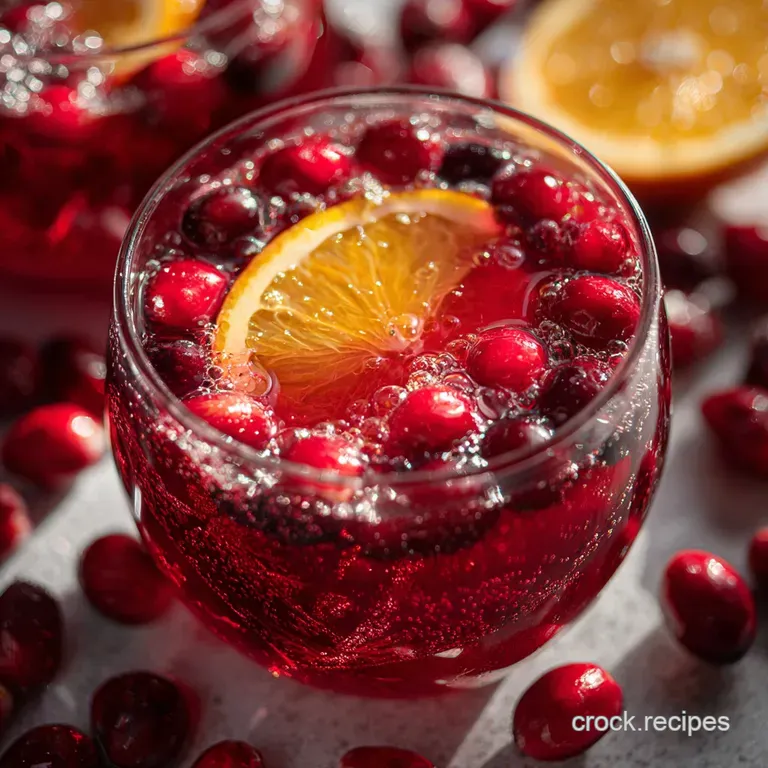 Elegant glass flutes brimming with sparkling crimson punch, a frosty orange peel twist, and a sugared cranberry garnish. R...