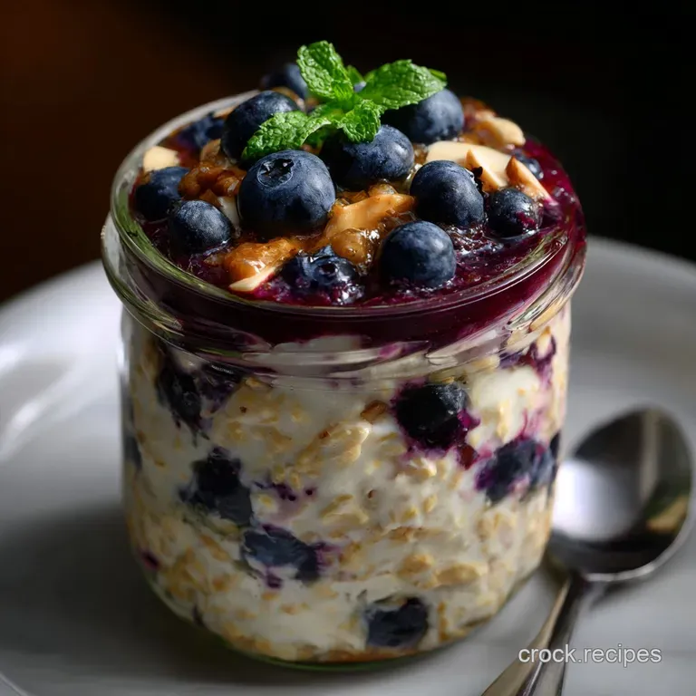 A beautifully arranged portion of overnight oats in a glass bowl, garnished with plump blueberries and a drizzle of honey.