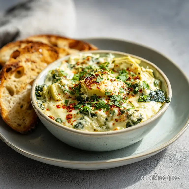 Creamy spinach artichoke dip in a small ramekin, topped with melted cheese and a parsley sprig.