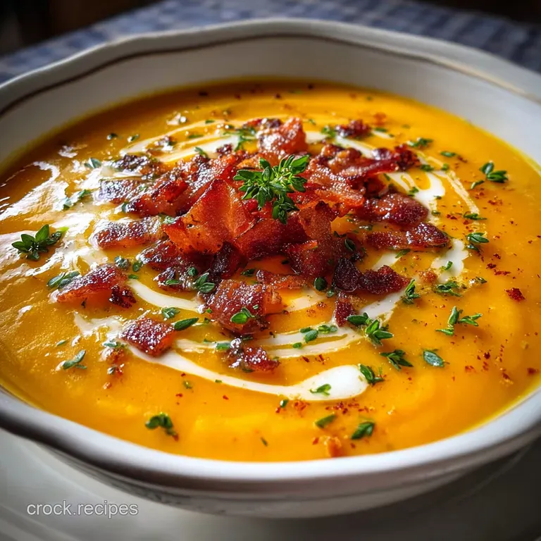 Elegant bowl of creamy butternut squash soup, swirled cream design. Sprinkled bacon & garlic, a sprig of thyme rests grace...