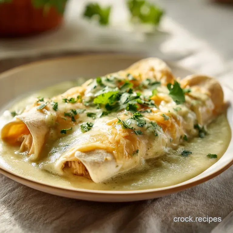 A generous scoop of creamy enchiladas topped with fresh cilantro and a dollop of sour cream on a white plate.