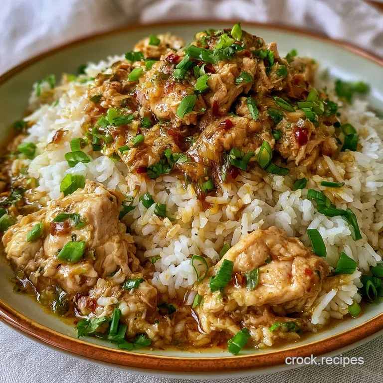 A neat mound of velvety rice and tender chicken on a white ceramic plate, garnished with a sprig of bright green parsley.