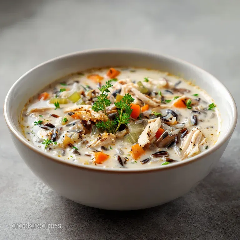 A spoonful of creamy chicken rice soup, studded with carrots, is lifted, showcasing the rich, inviting texture.