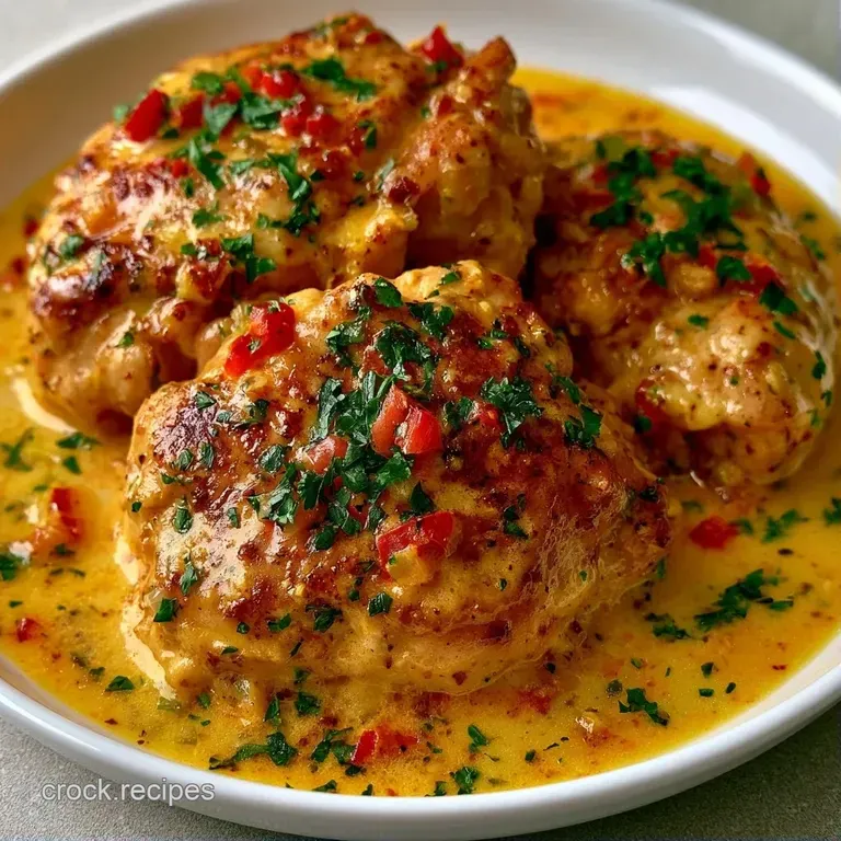 Seared chicken pieces nestled in a velvety white sauce on a white ceramic plate, garnished with a sprig of fresh thyme.