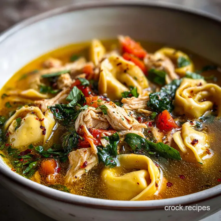 A steaming bowl of chicken tortellini soup with fresh herbs, drizzled cream, and a crusty bread slice on the side.