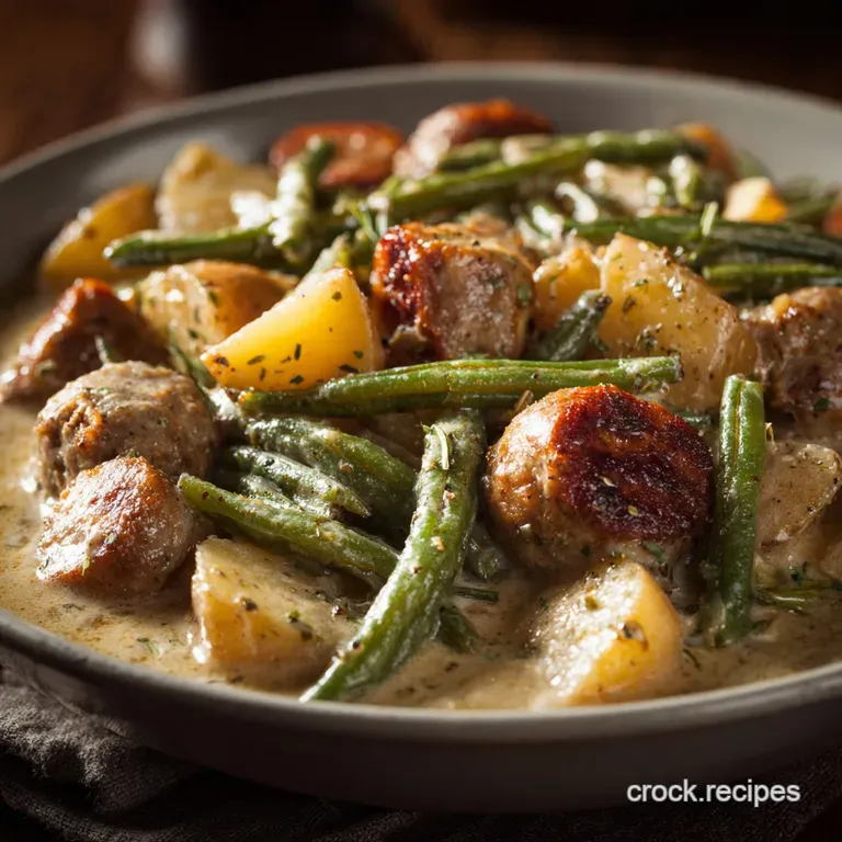 Creamy Crock Pot Green Beans Sausage and Potatoes: the Lazy Sunday Supper presentation