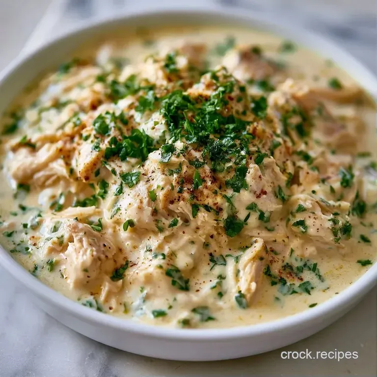 Tender chicken breast pieces in a velvety cream sauce served on a white plate with steamed broccoli and rice.