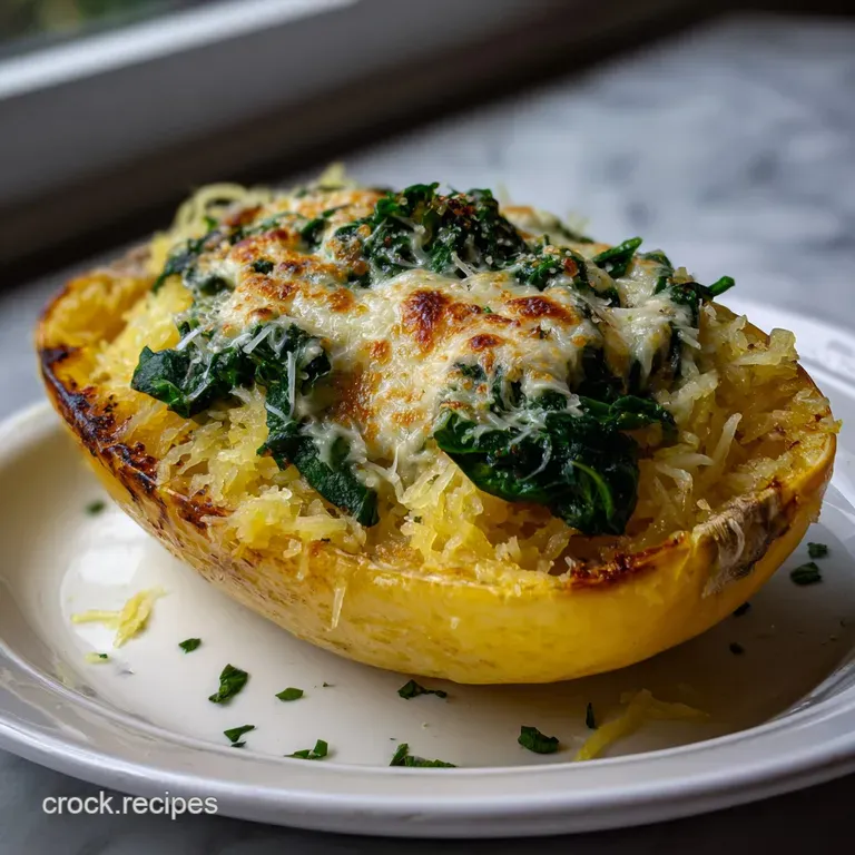 Elegant white plate showcasing a swirl of creamy spaghetti squash. The bright green spinach and parmesan offer a delightfu...