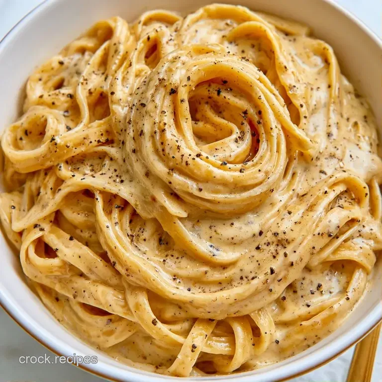 Elegantly swirled white pasta coated in a glossy cream sauce with tiny black pepper specks and fresh green parsley.