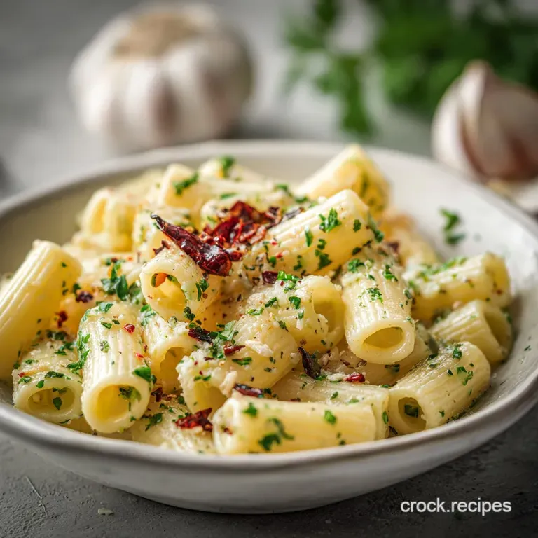 Swirled, ivory pasta in a shallow bowl, speckled with vibrant green herbs, steam rising, hinting at rich garlic aroma.