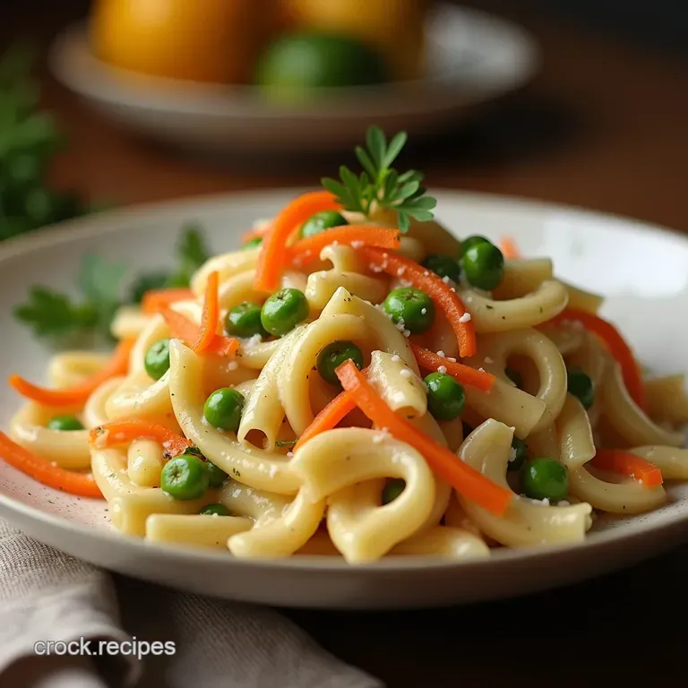 Bank Holiday Bliss Classic Creamy Pasta Salad with Sweet Peas and Carrot Ribbons presentation