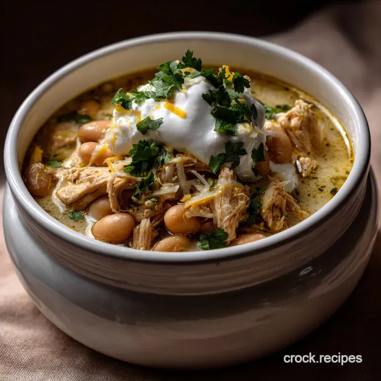 Creamy white chicken chili in a rustic white bowl, garnished with fresh cilantro and a swirl of creamy sauce.