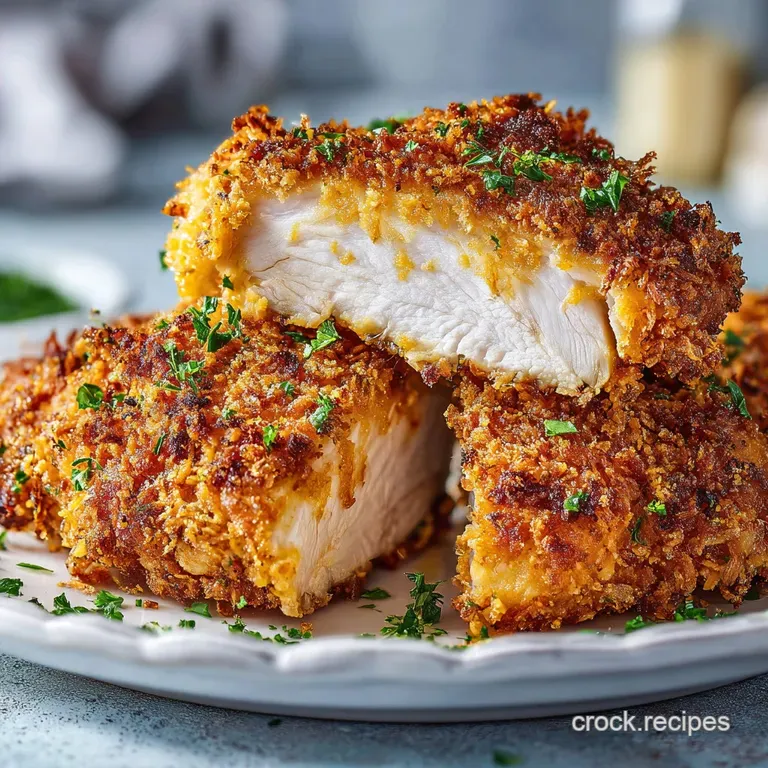 Crispy golden air-fried chicken pieces arranged on a rustic wooden board, with vibrant green herbs and a scattering of sea...