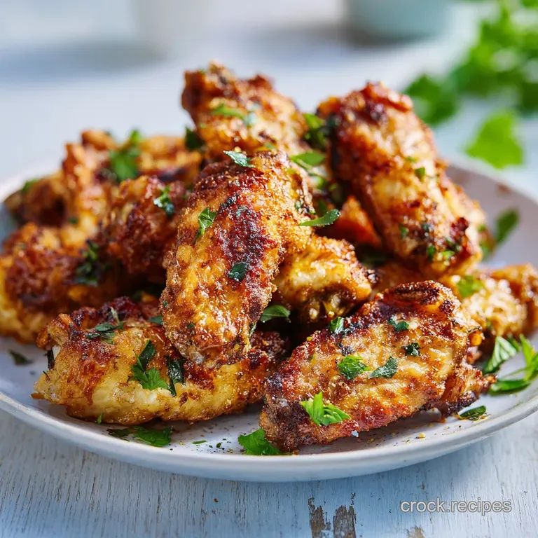 A neat stack of glistening, ultra-crispy chicken wings artfully arranged on a white plate with a side of dip.