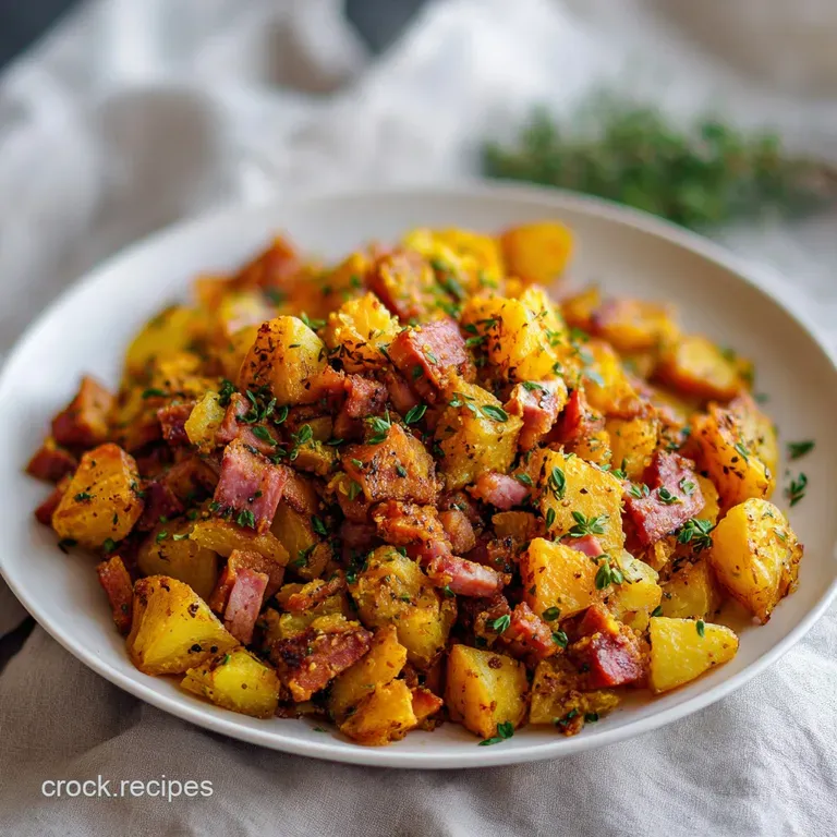 Corned beef hash plated elegantly with a sunny-side up egg, green scallions, and a drizzle of hot sauce, showcasing vibran...