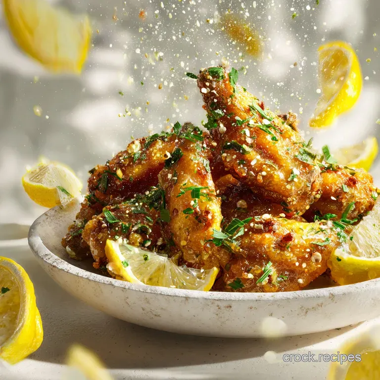 Lemon garlic wings artfully arranged on a white plate. Herbs sprinkled as a garnish. A culinary invitation.
