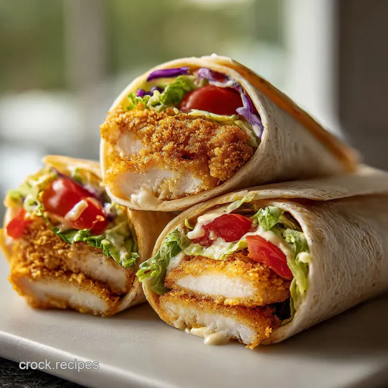 Crisp chicken wrap halves displayed, filling exposed, with a creamy sauce drizzle and a sprinkle of herbs against a light ...