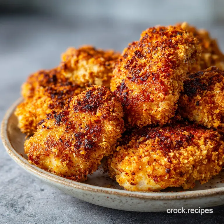 Two pieces of golden-crisp chicken on a white plate, paired with a fresh lemon wedge and a sprig of green parsley.