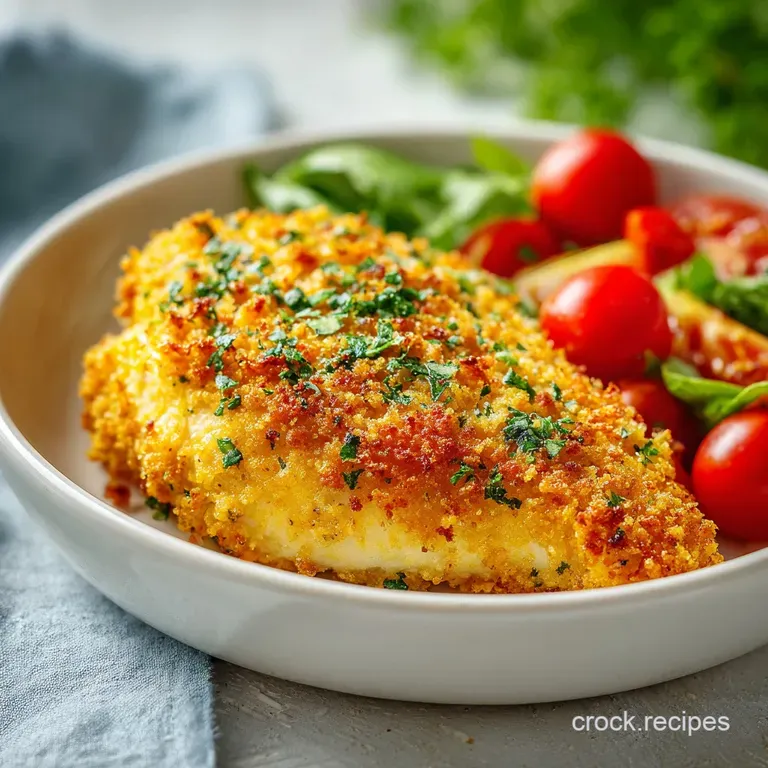 Elegant plate featuring juicy parmesan chicken, the golden crust contrasting with vibrant green asparagus, a tempting savo...