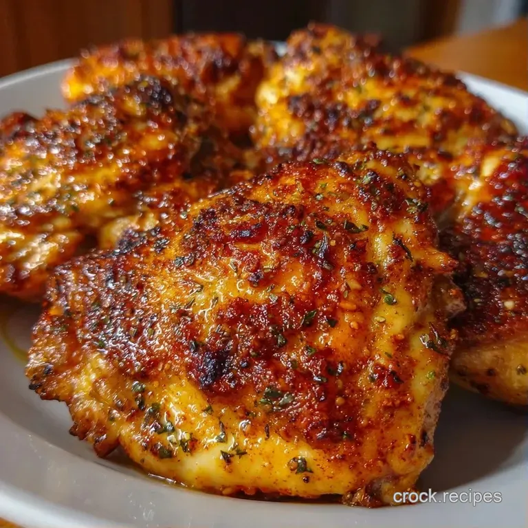 Four seared chicken thighs neatly arranged on white porcelain plates with a side of vibrant steamed greens.