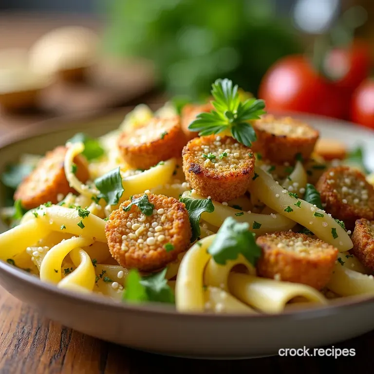 Sunshine Lemon Herb Pasta Salad with Crispy Tofu Croutons presentation